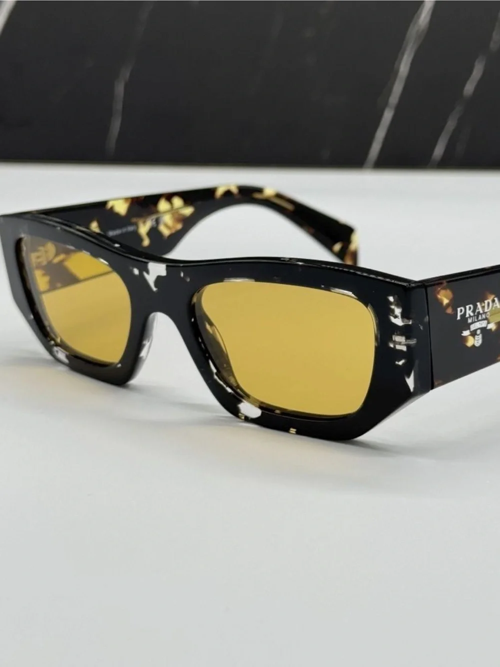 Prada Men’s Tortoiseshell Frame Sunglasses with Yellow Lenses